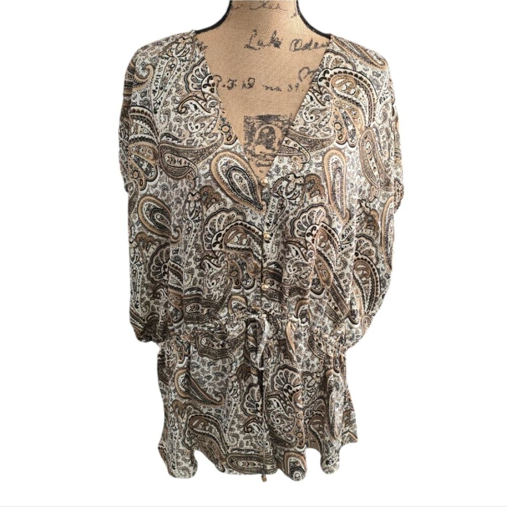 Michael Kors Neutral Tones Paisley Peplum Button Down Shirt‎ Plus Size 2X